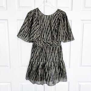 BCBGMAXAZRIA Black Gold Metallic Flutter Sleeve Ruffle Mini Dress Party Glam